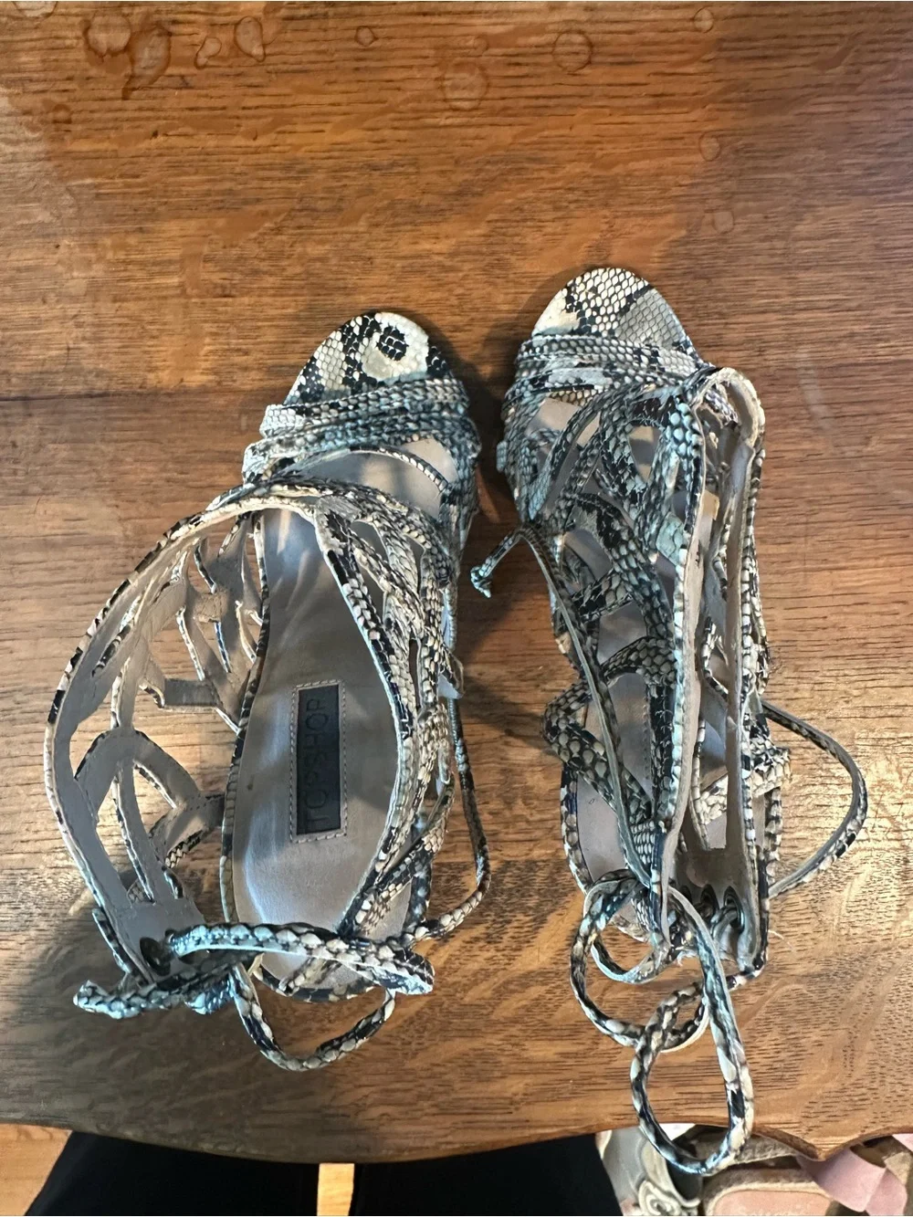 Topshop Snake-Print Lace-Up Strappy Heels in Black & Cream